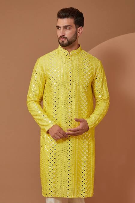 Kasbah_Yellow Silk Mirrors, Embroidery Mirrorwork Kurta_Online_at_Aza_Fashions