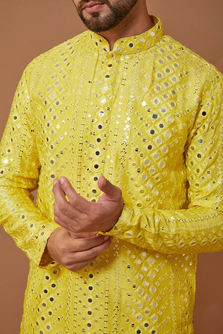Buy_Kasbah_Yellow Silk Mirrors, Embroidery Mirrorwork Kurta_Online_at_Aza_Fashions