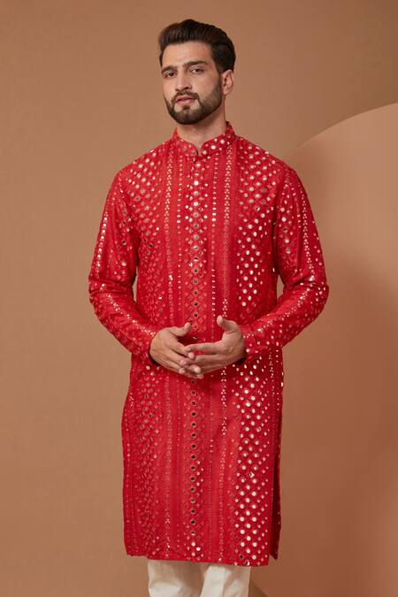 Kasbah_Red Silk Mirrors, Embroidery Stripe Mirrorwork Kurta_Online_at_Aza_Fashions
