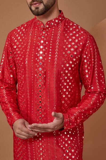 Buy_Kasbah_Red Silk Mirrors, Embroidery Stripe Mirrorwork Kurta_Online_at_Aza_Fashions