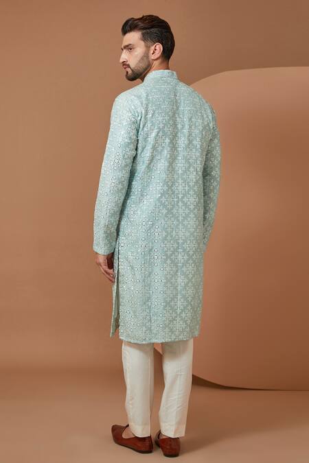 Shop_Kasbah_Blue Silk Embroidery Floral Mirrorwork Kurta_at_Aza_Fashions