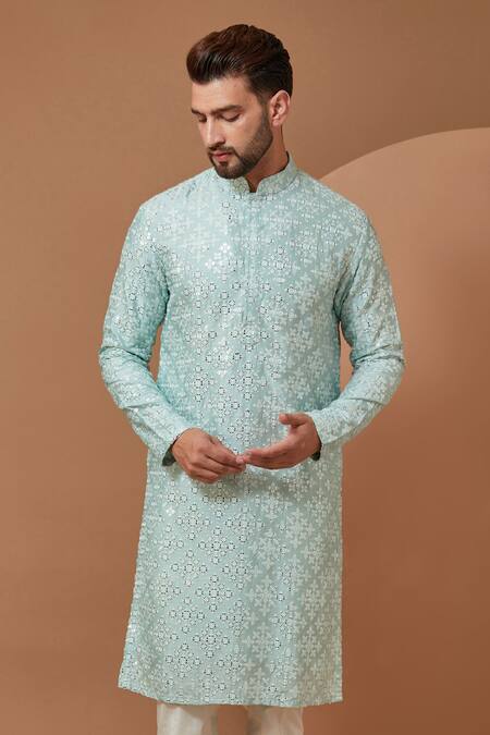 Kasbah_Blue Silk Embroidery Floral Mirrorwork Kurta_Online_at_Aza_Fashions