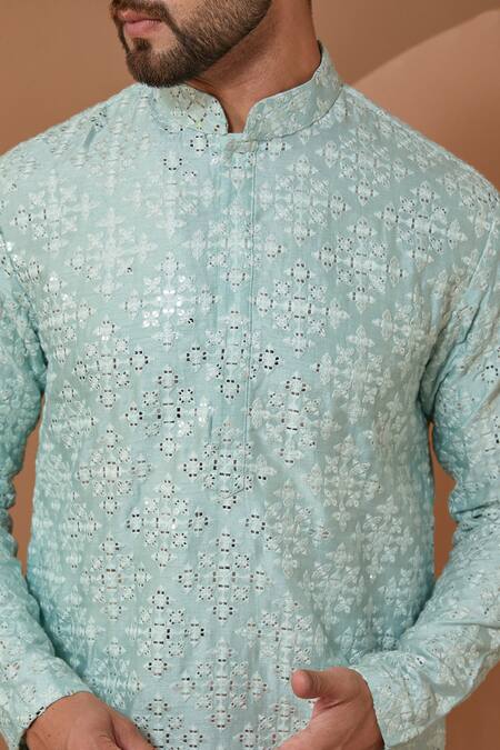 Buy_Kasbah_Blue Silk Embroidery Floral Mirrorwork Kurta_Online_at_Aza_Fashions