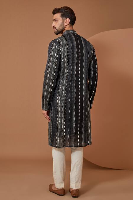 Shop Kasbah Black Georgette Sequins, Mirrors Stripe Embroidered Kurta at Aza Fashions Shop_Kasbah_Black Georgette Sequins, Mirrors Stripe Embroidered Kurta_at_Aza_Fashions