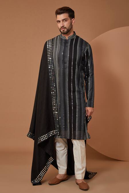 Kasbah Black Georgette Sequins, Mirrors Stripe Embroidered Kurta Online at Aza Fashions Kasbah_Black Georgette Sequins, Mirrors Stripe Embroidered Kurta_Online_at_Aza_Fashions