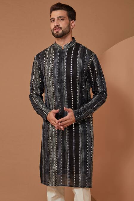 Buy Kasbah Black Georgette Sequins, Mirrors Stripe Embroidered Kurta Online at Aza Fashions Buy_Kasbah_Black Georgette Sequins, Mirrors Stripe Embroidered Kurta_Online_at_Aza_Fashions