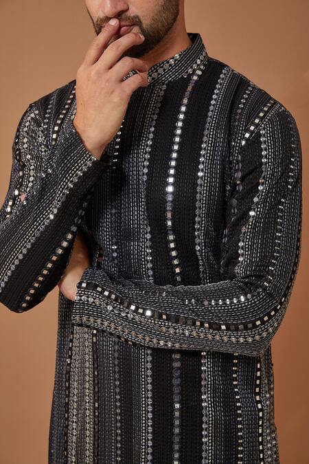 Shop Kasbah Black Georgette Sequins, Mirrors Stripe Embroidered Kurta Online at Aza Fashions Shop_Kasbah_Black Georgette Sequins, Mirrors Stripe Embroidered Kurta_Online_at_Aza_Fashions