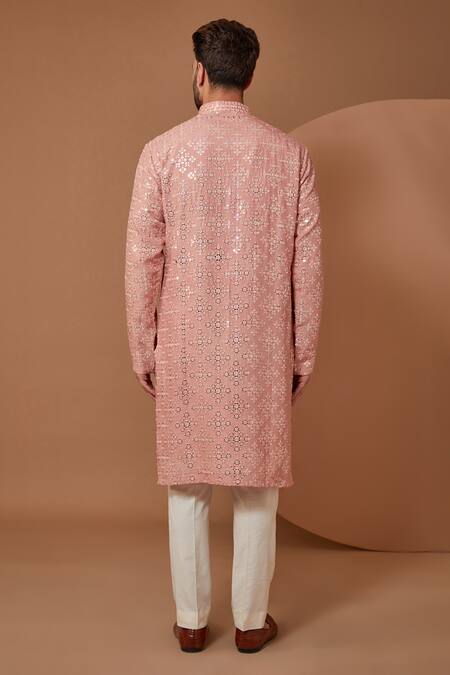 Shop Kasbah Peach Silk Mirrors, Embroidery Mirrorwork Floral Kurta at Aza Fashions Shop_Kasbah_Peach Silk Mirrors, Embroidery Mirrorwork Floral Kurta_at_Aza_Fashions