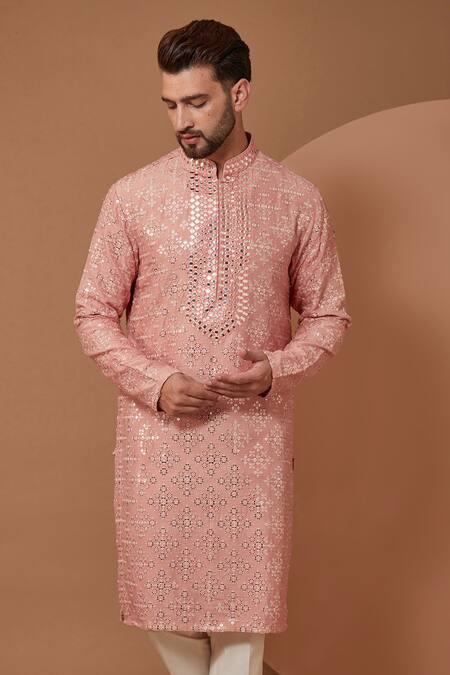 Kasbah Peach Silk Mirrors, Embroidery Mirrorwork Floral Kurta Online at Aza Fashions Kasbah_Peach Silk Mirrors, Embroidery Mirrorwork Floral Kurta_Online_at_Aza_Fashions