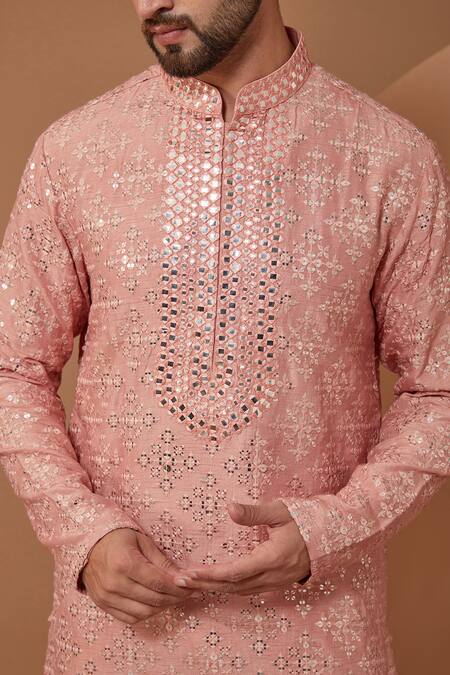 Buy Kasbah Peach Silk Mirrors, Embroidery Mirrorwork Floral Kurta Online at Aza Fashions Buy_Kasbah_Peach Silk Mirrors, Embroidery Mirrorwork Floral Kurta_Online_at_Aza_Fashions