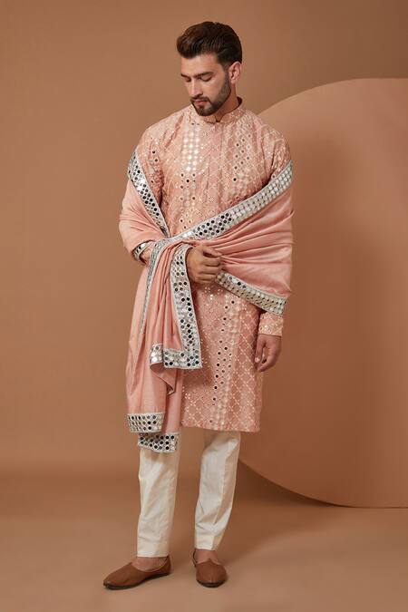 Kasbah Peach Silk Sequins, Mirrors Embroidered Kurta Online at Aza Fashions Kasbah_Peach Silk Sequins, Mirrors Embroidered Kurta_Online_at_Aza_Fashions
