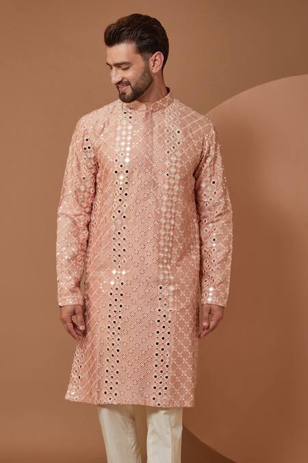 Buy Kasbah Peach Silk Sequins, Mirrors Embroidered Kurta Online at Aza Fashions Buy_Kasbah_Peach Silk Sequins, Mirrors Embroidered Kurta_Online_at_Aza_Fashions