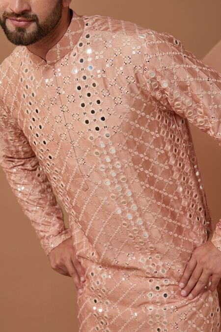 Shop Kasbah Peach Silk Sequins, Mirrors Embroidered Kurta Online at Aza Fashions Shop_Kasbah_Peach Silk Sequins, Mirrors Embroidered Kurta_Online_at_Aza_Fashions