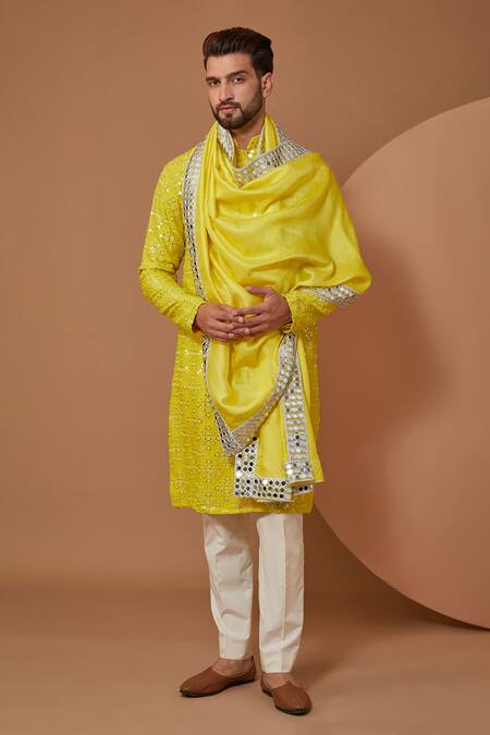Kasbah_Yellow Silk Mirrors, Embroidery Blossom Mirrorwork Kurta_Online_at_Aza_Fashions