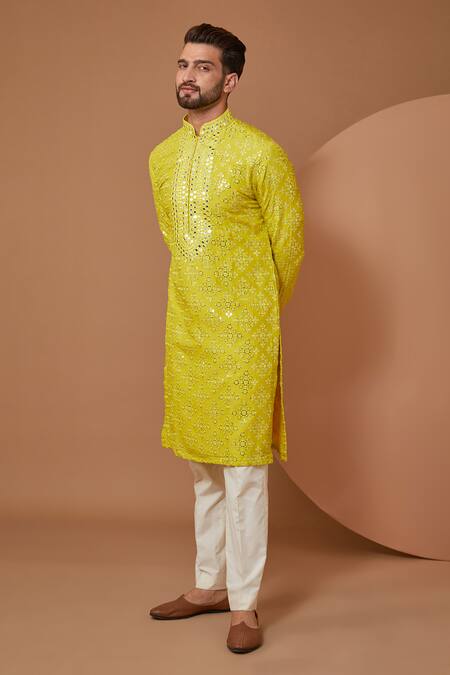 Buy_Kasbah_Yellow Silk Mirrors, Embroidery Blossom Mirrorwork Kurta_Online_at_Aza_Fashions