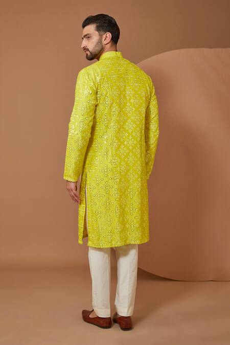 Shop_Kasbah_Yellow Silk Mirrors, Embroidery Blossom Mirrorwork Kurta_at_Aza_Fashions
