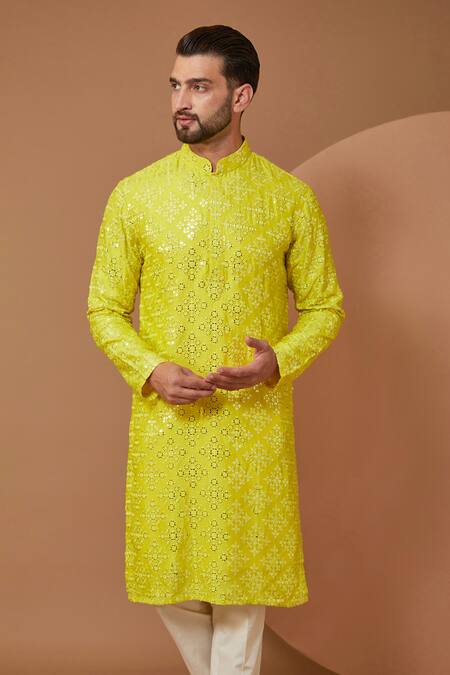 Kasbah_Yellow Silk Mirrors, Embroidery Blossom Mirrorwork Kurta_Online_at_Aza_Fashions