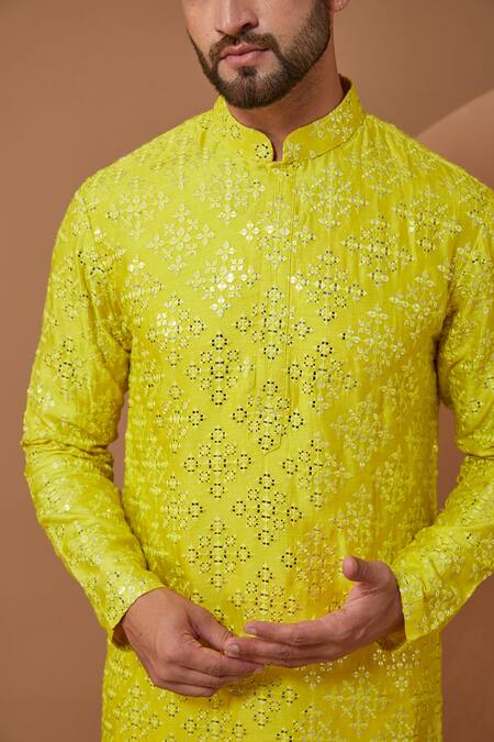 Buy_Kasbah_Yellow Silk Mirrors, Embroidery Blossom Mirrorwork Kurta_Online_at_Aza_Fashions