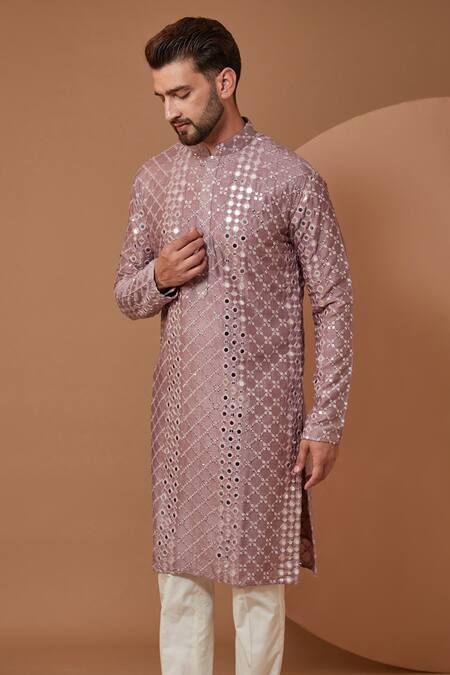 Kasbah_Purple Silk Sequins Floral Jaal Mirrorwork Kurta_Online_at_Aza_Fashions