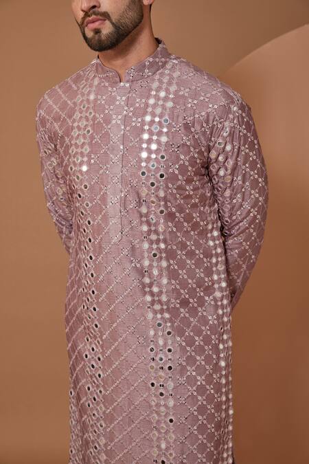 Buy_Kasbah_Purple Silk Sequins Floral Jaal Mirrorwork Kurta_Online_at_Aza_Fashions