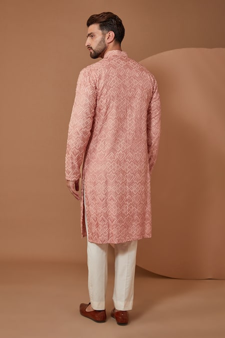 Shop Kasbah Peach Silk Embroidery Thread Kurta at Aza Fashions Shop_Kasbah_Peach Silk Embroidery Thread Kurta_at_Aza_Fashions