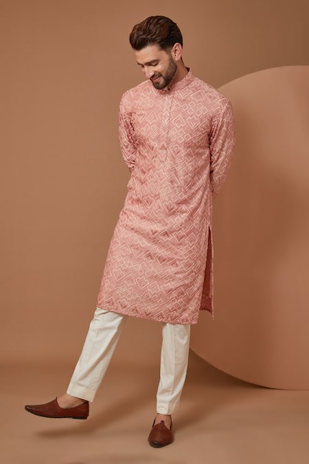 Kasbah Peach Silk Embroidery Thread Kurta Online at Aza Fashions Kasbah_Peach Silk Embroidery Thread Kurta_Online_at_Aza_Fashions