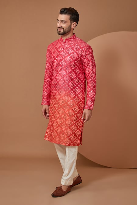 Kasbah Pink Silk Embroidered Thread Ombre Mirrorwork Kurta