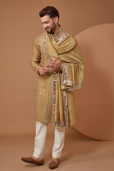 Kasbah Beige Silk Embroidery Mirror Work Kurta With Stole