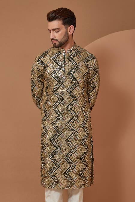 Kasbah_Green Georgette Sequins, Embroidery Chevron Kurta_Online_at_Aza_Fashions