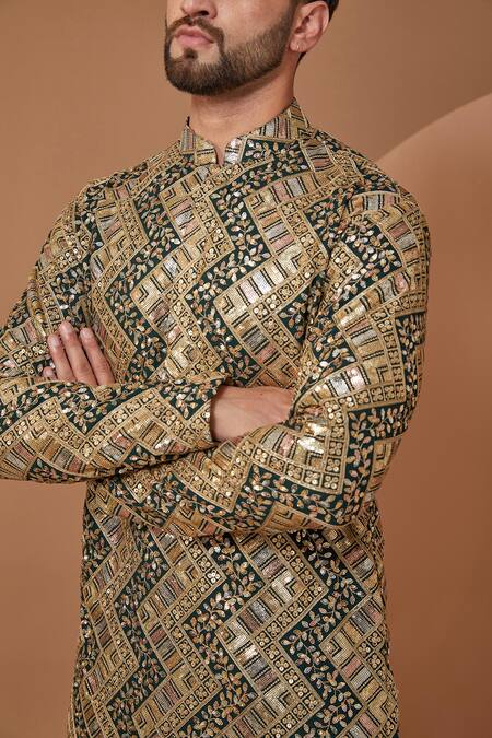 Buy_Kasbah_Green Georgette Sequins, Embroidery Chevron Kurta_Online_at_Aza_Fashions