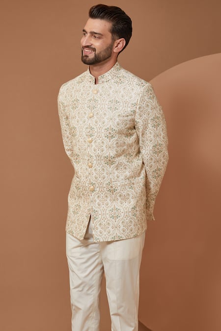 Kasbah Ivory Chanderi Silk Embroidery Bandhgala Online at Aza Fashions Kasbah_Ivory Chanderi Silk Embroidery Bandhgala _Online_at_Aza_Fashions