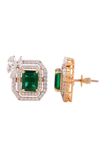 Shop Prata Green Crystals, Stones Stud Earrings at Aza Fashions Shop_Prata_Green Crystals, Stones Stud Earrings _at_Aza_Fashions