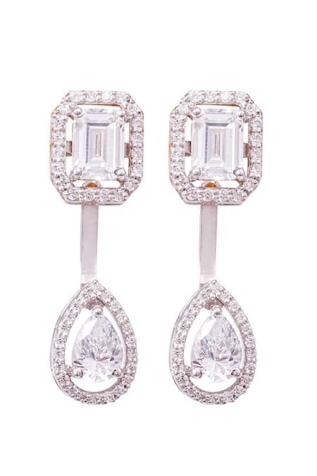 Shop Prata White Crystals Emerald Halo Stone Studs at Aza Fashions Shop_Prata_White Crystals Emerald Halo Stone Studs _at_Aza_Fashions