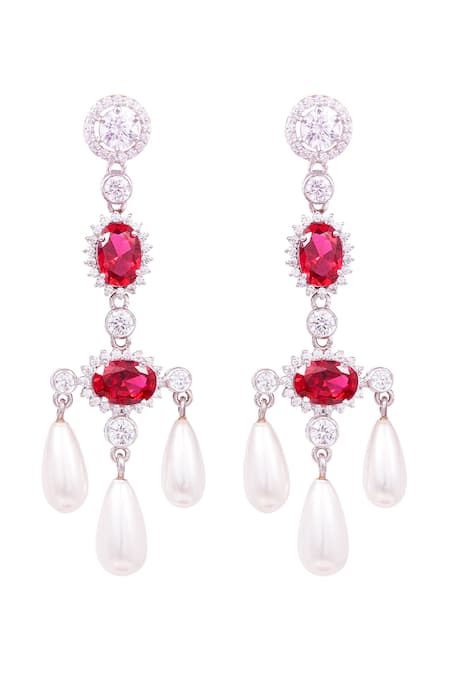 Shop_Prata_Imported Cubic Zirconia And Stones Faux Ruby Encrusted Earrings _at_Aza_Fashions