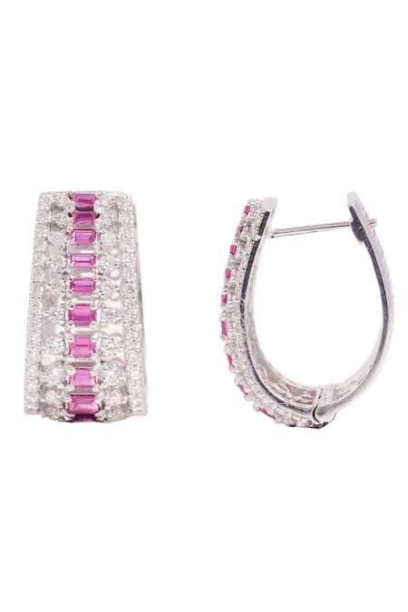 Shop Prata Pink Crystals Cubic Zirconia Baguette Hoops at Aza Fashions Shop_Prata_Pink Crystals Cubic Zirconia Baguette Hoops _at_Aza_Fashions