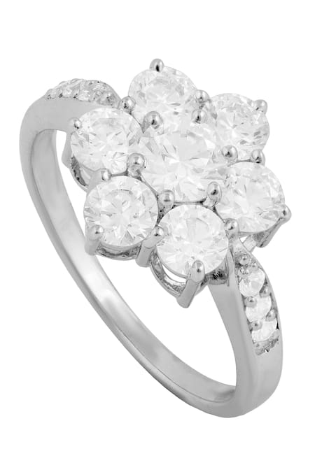 Prata White Imitation Diamonds Floral Pattern Stone Encrusted Ring