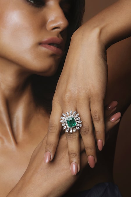 Buy_Prata_Green Fabric Flowers, Diamonds Faux Emerald Doublet Stone Ring _Online_at_Aza_Fashions