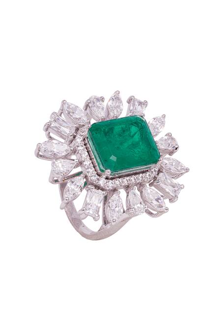 Shop_Prata_Green Fabric Flowers, Diamonds Faux Emerald Doublet Stone Ring _Online_at_Aza_Fashions