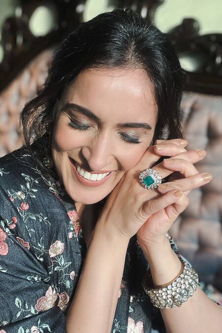 Prata_Green Fabric Flowers, Diamonds Faux Emerald Doublet Stone Ring _at_Aza_Fashions