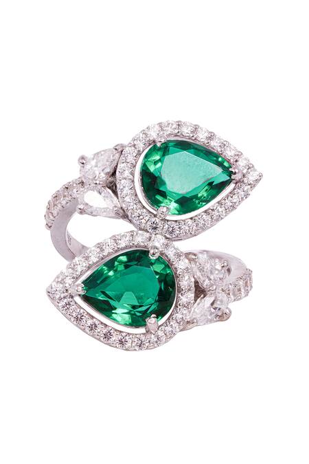 Prata Green Diamonds, Stones Double Embellished Ring Online at Aza Fashions Prata_Green Diamonds, Stones Double Embellished Ring _Online_at_Aza_Fashions