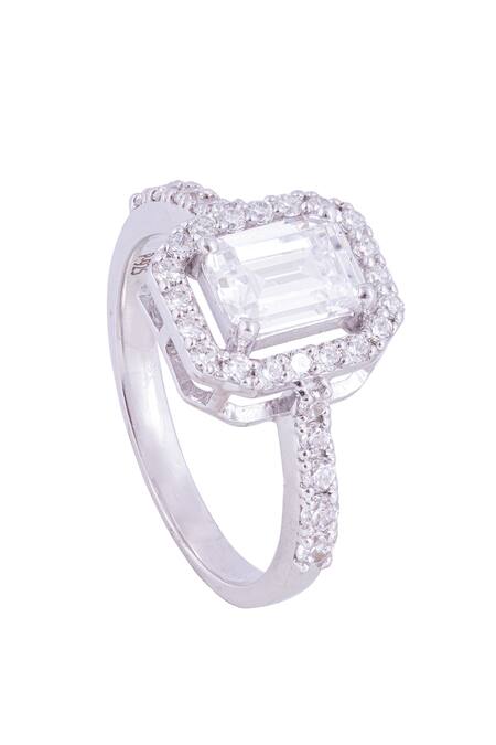 Shop Prata White Diamonds, Crystals Emerald Cut Halo Ring at Aza Fashions Shop_Prata_White Diamonds, Crystals Emerald Cut Halo Ring _at_Aza_Fashions