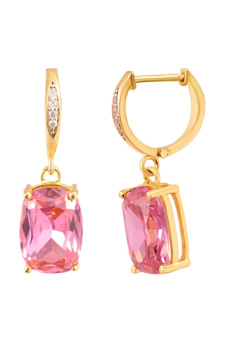 Shop_Prata_Pink Semi Precious Stone And Imported Cubic Zirconia Embellished Drop Earrings _at_Aza_Fashions