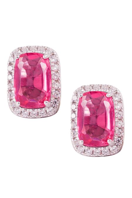 Victoria Cruz Inspire gold-plated stud earrings with pink crystal in rectangle  shape
