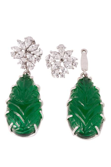 Shop Prata Green Crystals, Diamonds Carved Stone Embellished Earrings at Aza Fashions Shop_Prata_Green Crystals, Diamonds Carved Stone Embellished Earrings_at_Aza_Fashions