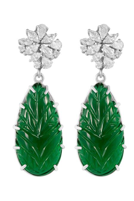Prata Green Crystals, Diamonds Carved Stone Embellished Earrings Online at Aza Fashions Prata_Green Crystals, Diamonds Carved Stone Embellished Earrings_Online_at_Aza_Fashions