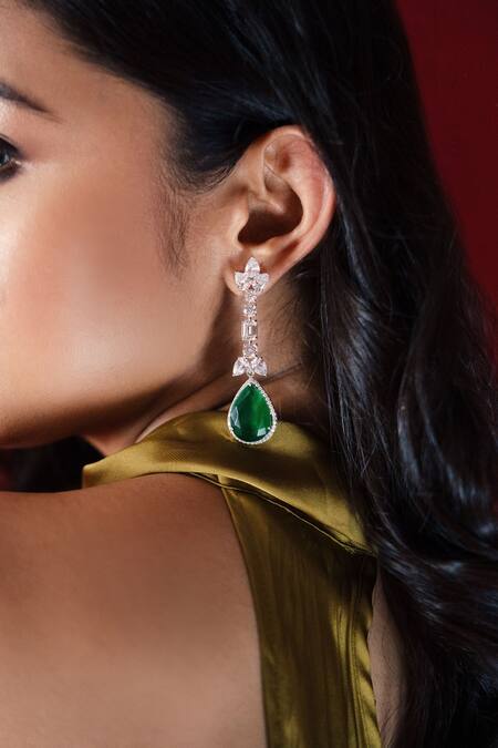 Prata_Green Diamonds, Stones Tear Drop Embellished Long Earrings _Online_at_Aza_Fashions