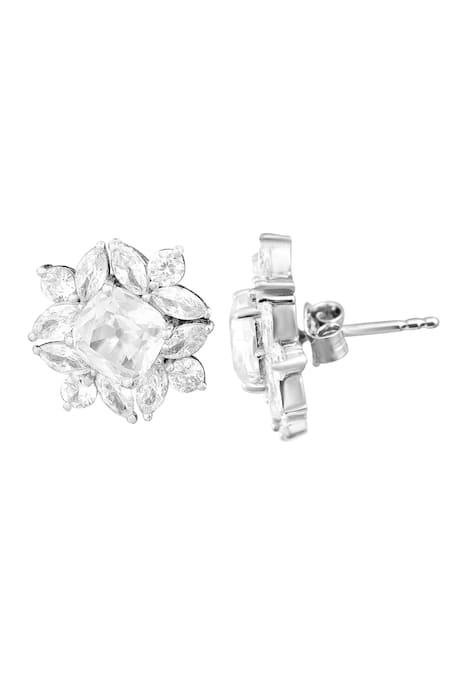 Shop Prata White Crystals Floral Pattern Daisy Stud Earrings at Aza Fashions Shop_Prata_White Crystals Floral Pattern Daisy Stud Earrings _at_Aza_Fashions