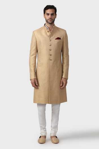 Raghavendra Rathore Jodhpur_Gold Silk, Brocade Embroidery Gilded Pattern Achkan _Online_at_Aza_Fashions