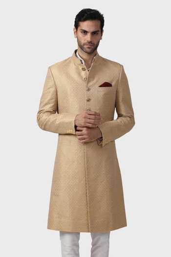Buy_Raghavendra Rathore Jodhpur_Gold Silk, Brocade Embroidery Gilded Pattern Achkan _Online_at_Aza_Fashions