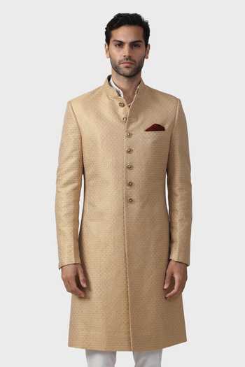 Shop_Raghavendra Rathore Jodhpur_Gold Silk, Brocade Embroidery Gilded Pattern Achkan _Online_at_Aza_Fashions